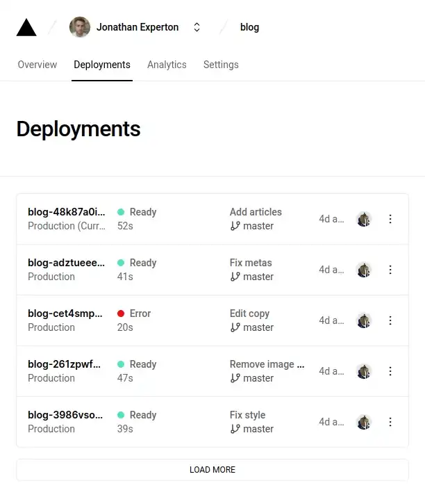 Vercel deployments page